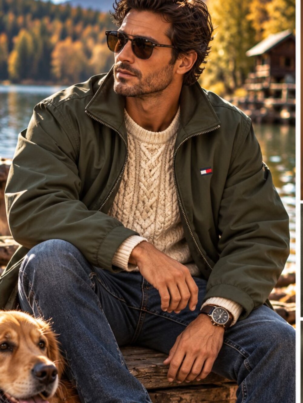 Tommy Hilfiger Men L Olive Green Fleece Lined Jacket Full Zip Outdoor Preppy